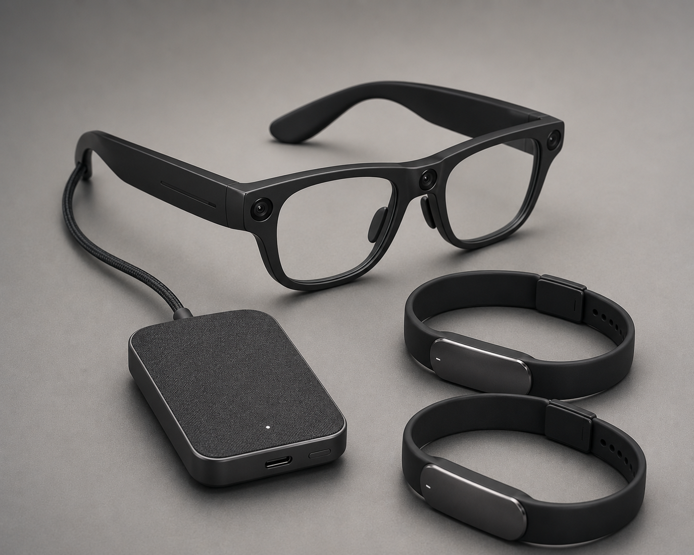 The see-ai wearable: lightweight glasses with built-in cameras, a soft-fabric pocket compute unit, and two haptic wristbands, laid out together on a graphite surface.