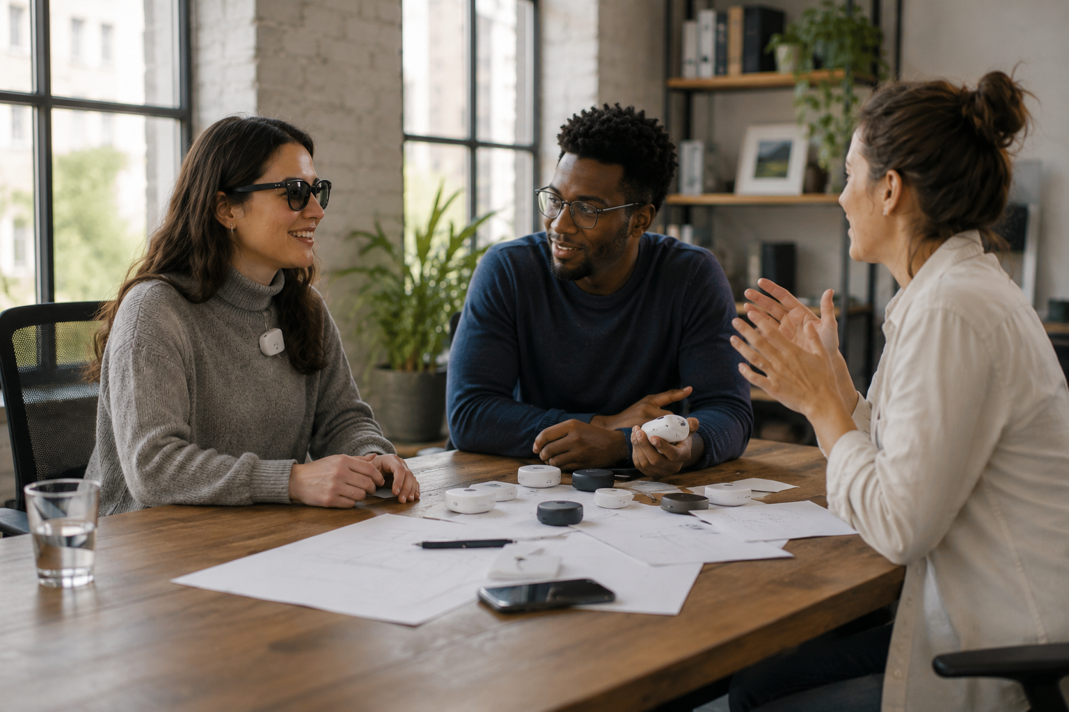 A co-design session in a sunlit studio. A blind user wearing dark glasses and a chest-worn see-ai device smiles in conversation with a colleague holding a prototype puck; design notes and several device units cover the wooden table between them.