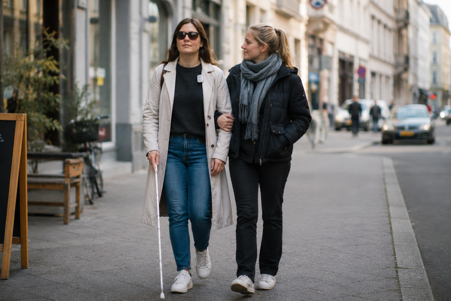 A blind woman walks down a European street, arm linked with a sighted friend. She uses a white cane and wears a small see-ai device clipped to her shirt.